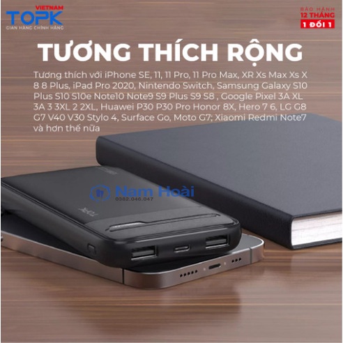 Sạc dự phòng 10000mAh TOPK I1016 Đầu ra 2 cổng USB - Hàng phân phối chính hãng TOPK