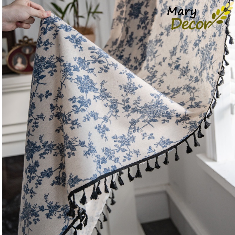 Rèm vải bố vintage hoa xanh độc đáo trang trí decor R-B01
