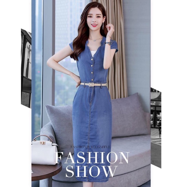 HÀNG NHẬP - ĐẦM JEAN ĐÍNH CƯỜM KÈM NỊT CAO CẤP QC