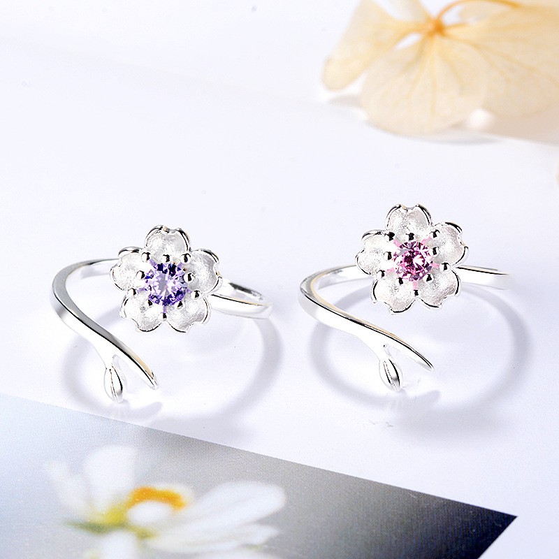 Nhẫn hoa anh đào dạng hở đính đá màu