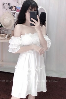 Đầm trắng bẹt vai cup ngực