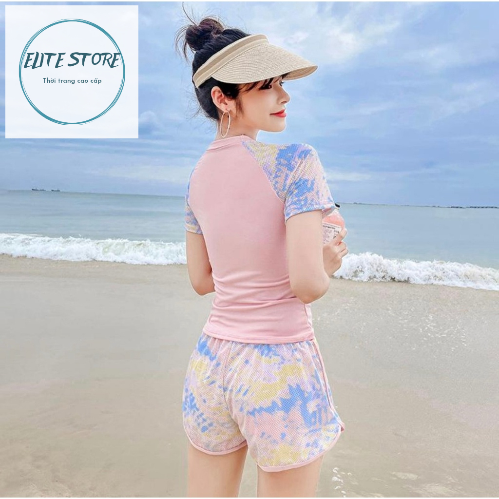 Đồ bơi nữ, đồ tắm biển ngắn tay quần short năng động, áo bơi kèm mút ngực, quần 2 lớp kín đáo B4048