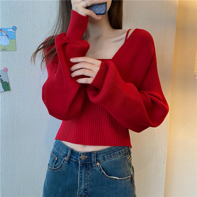 Áo sweater cổ vuông tay phồng giả hai mảnh thiết kế mới xuân thu dành cho bạn nữ 2021