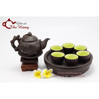 Bộ ấm chén Bát Tràng_Bộ bình trà gốm hoa văn đắp nổi kèm khay 2 lớp