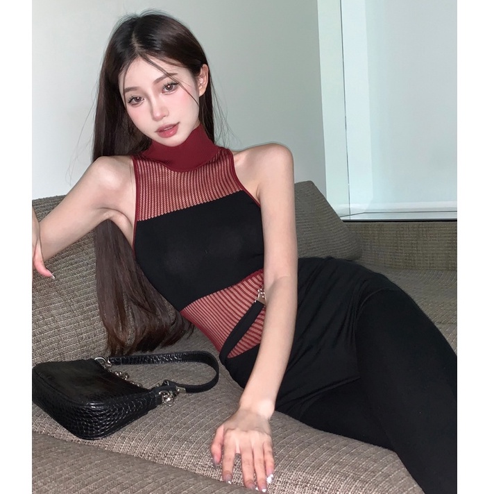 QKOOLE Áo croptop  dệt kim không tay cổ cao phong cách Hàn Quốc quyến rũ cho nữ