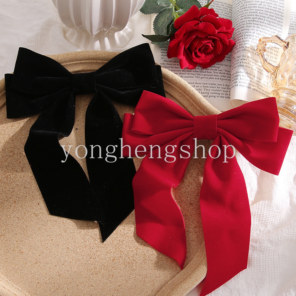 Kẹp Tóc Nơ Vải Nhung Màu Đỏ/Đen Vintage Dành Cho Nữ