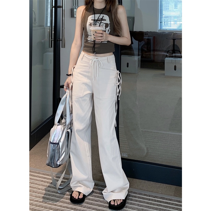 QADCOL Quần ống rộng Lưng Cao Dây Rút Phong Cách Retro Cho Nữ