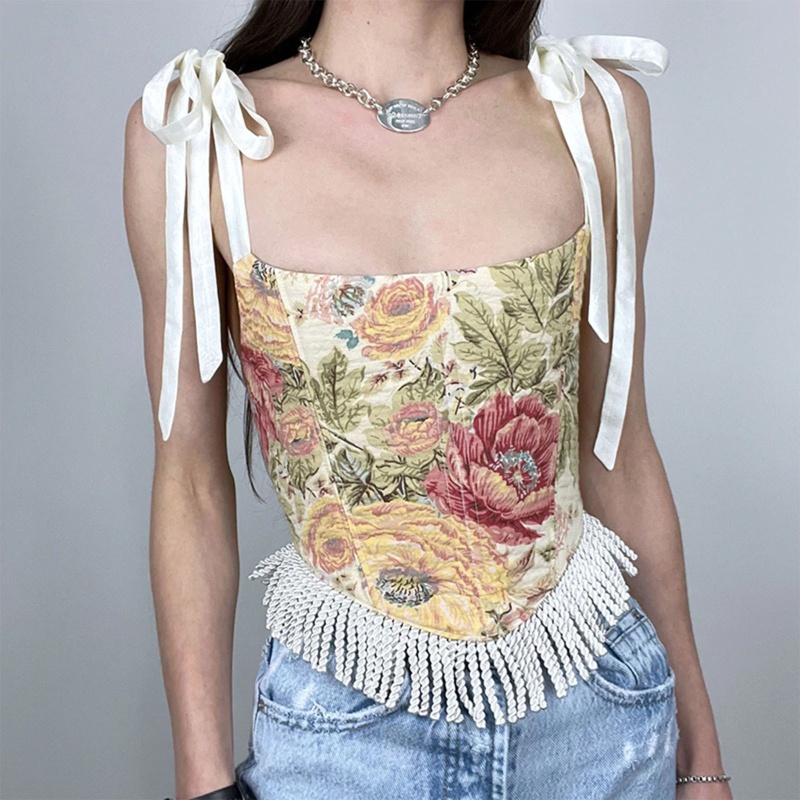 Áo Nịt Ngực Corset Không Tay In Họa Tiết Hoa Phong Cách Vintage Đường Phố Cho Nữ
