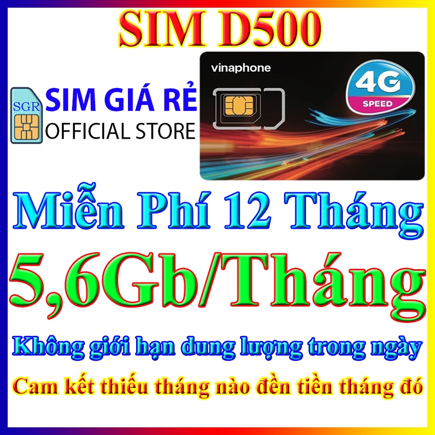 Sim 4G Vina D500 5,6Gb/tháng trọn gói 1 năm không nạp tiền, Shop Sim giá rẻ