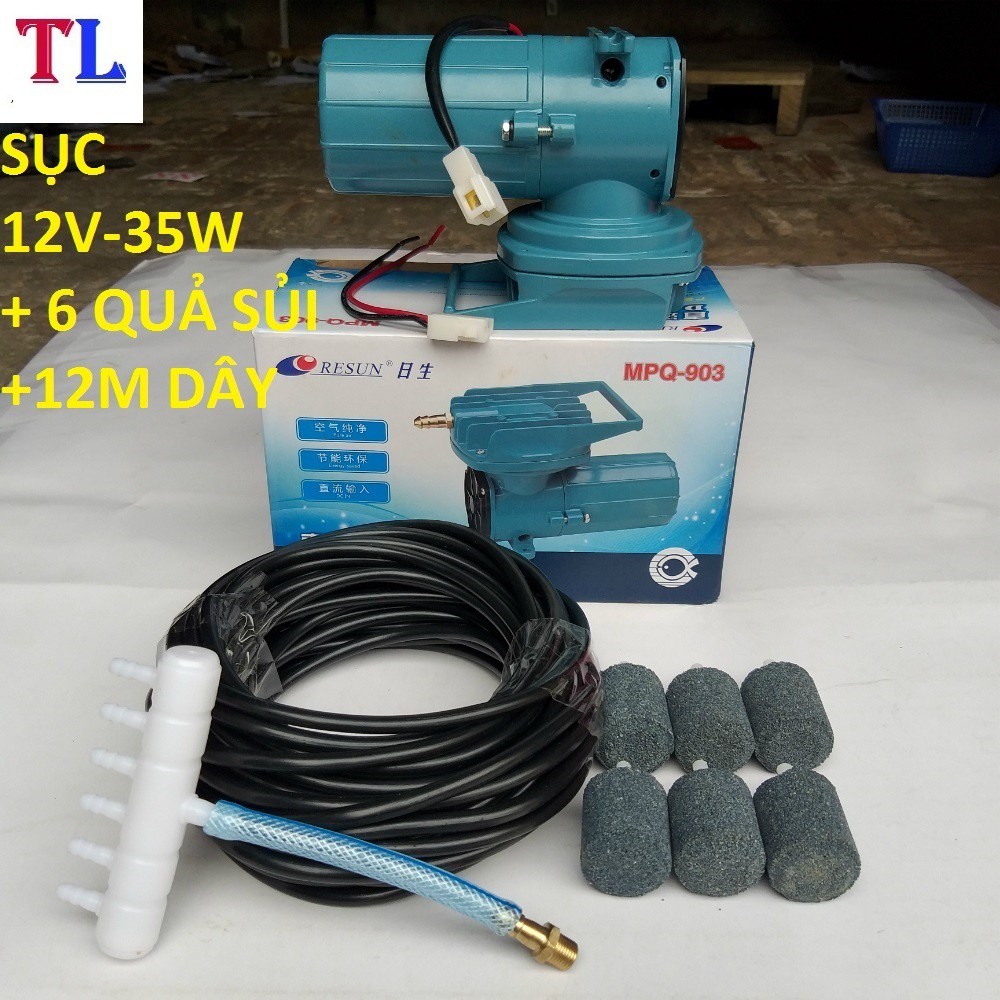 combo máy sủi tạo khí oxy bể cá - máy sục hồ cá 12v_35w + 12m dây + 6 quả sủi