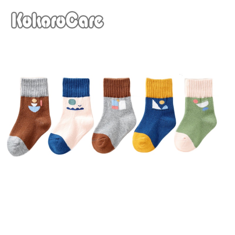 Set 5 Đôi Vớ Cotton Cổ Vừa Họa Tiết Khối Lắp Ráp KokoroCare MF-05 Dành Cho Bé Trai S / M / L 1-8 Tuổi
