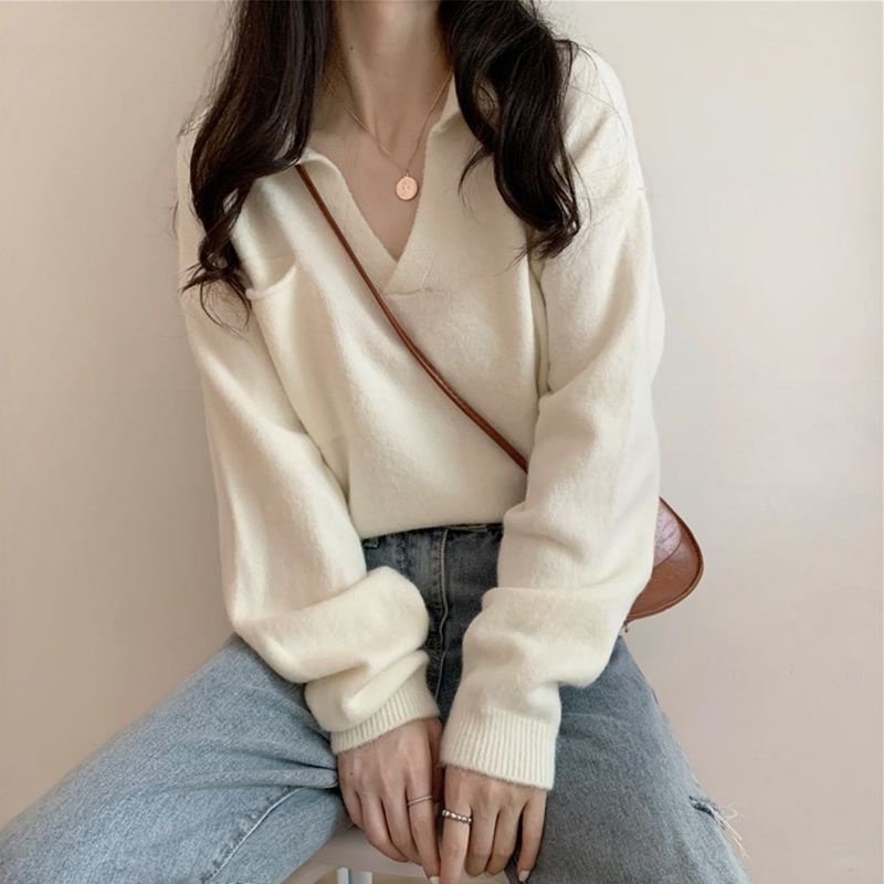 Áo sweater dệt kim cổ chữ V dáng rộng mềm mại phong cách retro