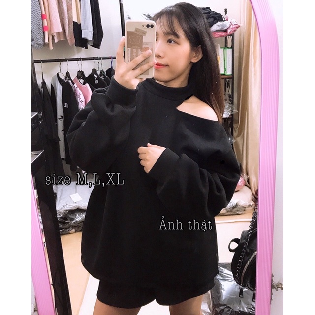 Áo Nỉ Khoét Vai Nữ L.Y Store  Áo hở vai tay bo form rộng