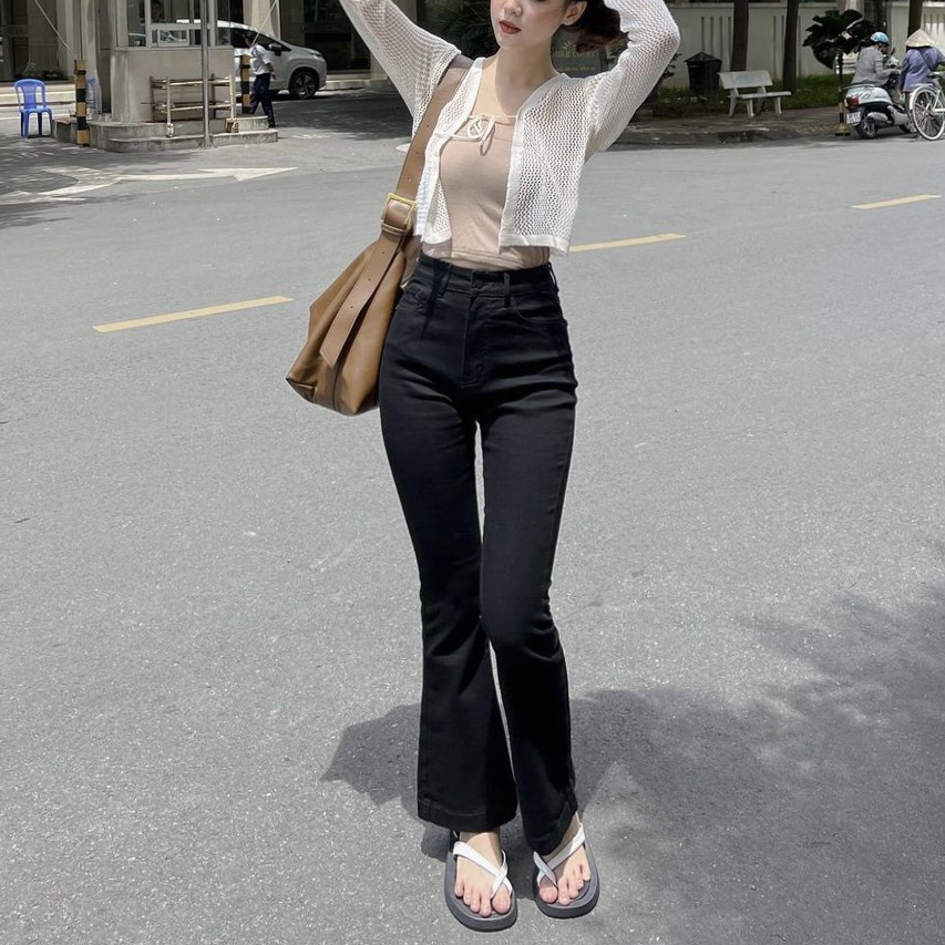 Quần Jean Ống Loe Form Dài  Lưng Cao Co Dãn Nhẹ - Leda