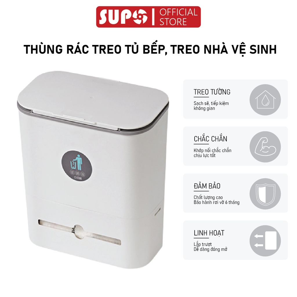 Thùng rác treo tủ bếp SUPO Mart 12L nắp trượt,, thùng rác treo nhà vệ sinh có khay để giấy vệ sinh, túi đựng rác