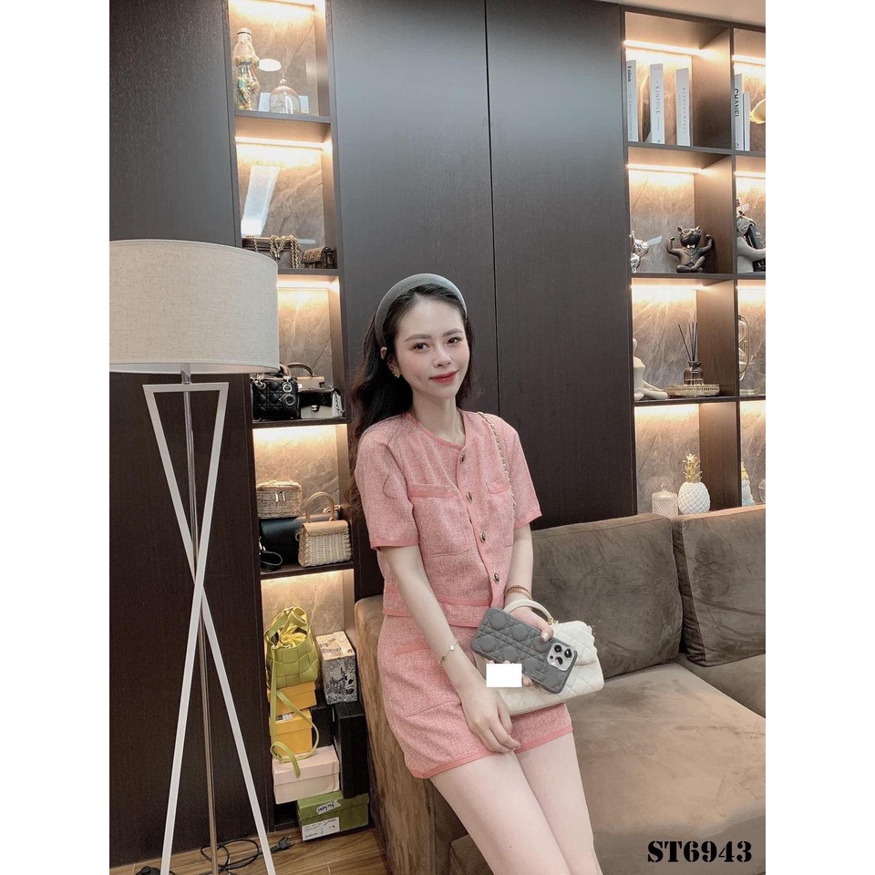 Set bộ hồng viền cộc tay 2 túi cúc đồng