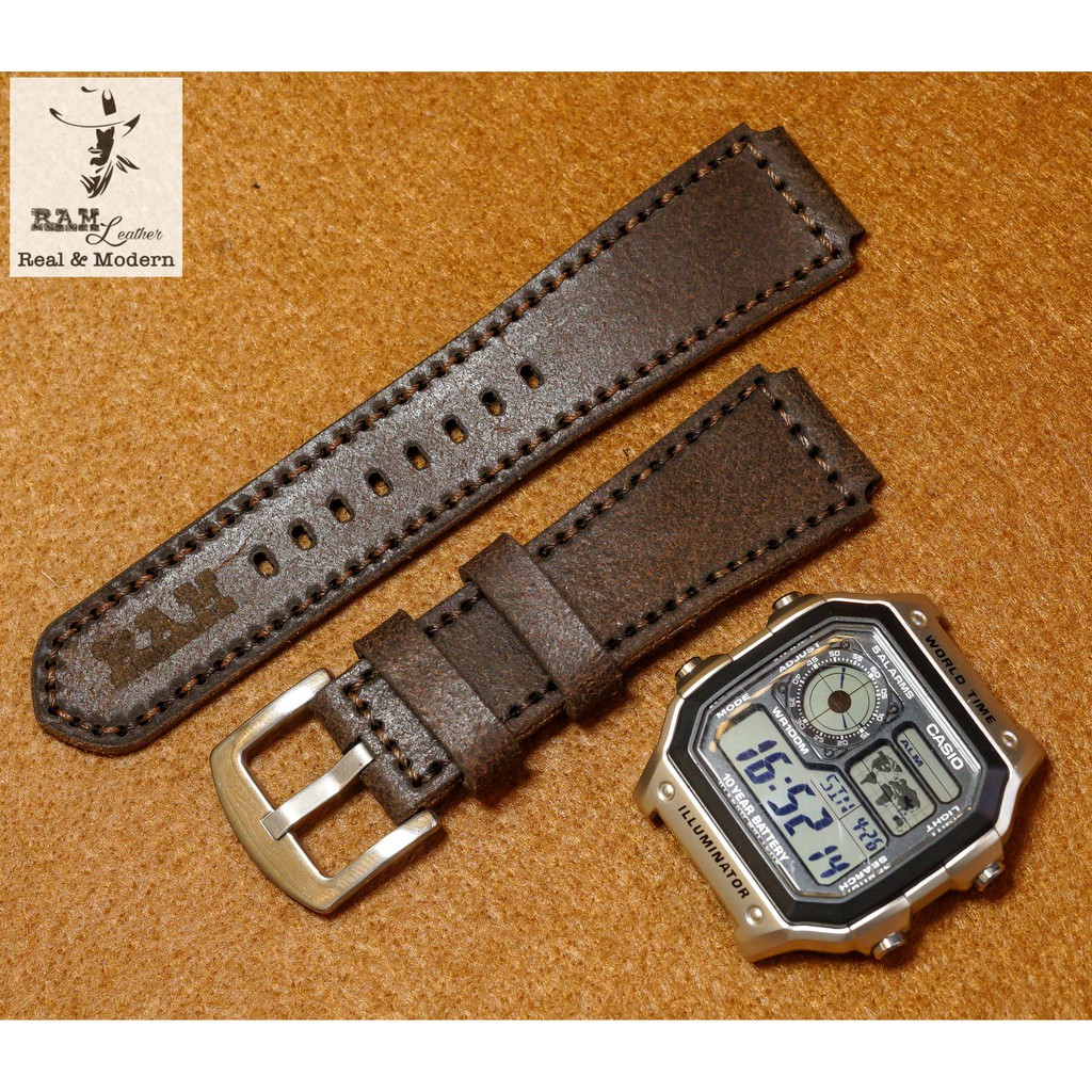 Dây đồng hồ da bò RAM Leather  cho casio 1200 , 1300 , 1000 và 18mm - tặng khóa chốt và cây thay dây