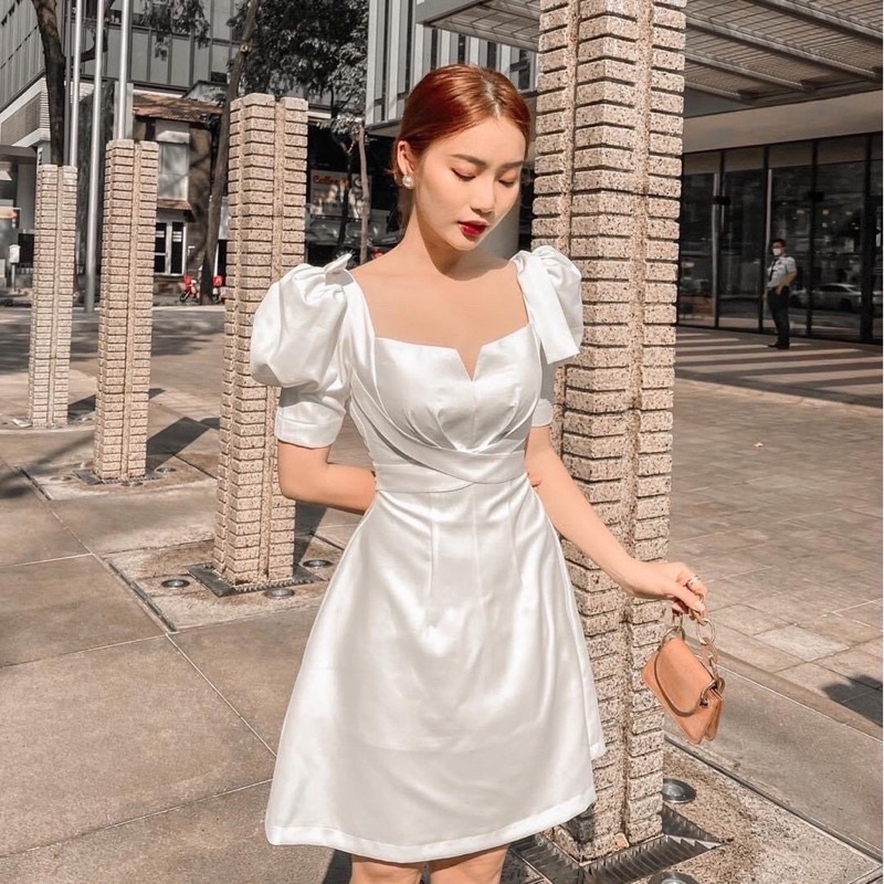 Đầm (có bigsize) đi tiệc ELLY đan chéo dây cúp ngực tay bồng