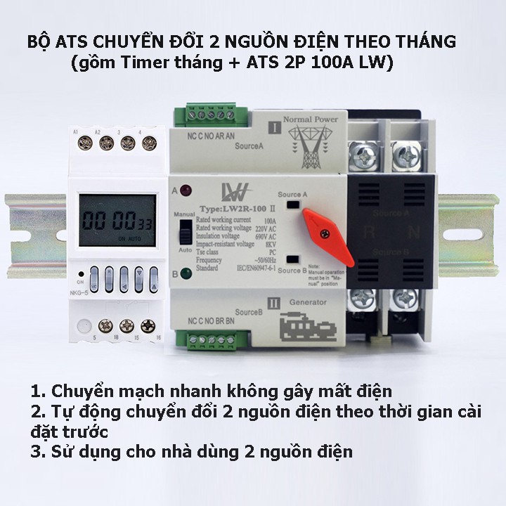 Combo bộ chuyển đổi 2 nguồn điện luân phiên 15 ngày tự động không gây mất điện gồm Timer tháng NKG5 + ATS LW 100A