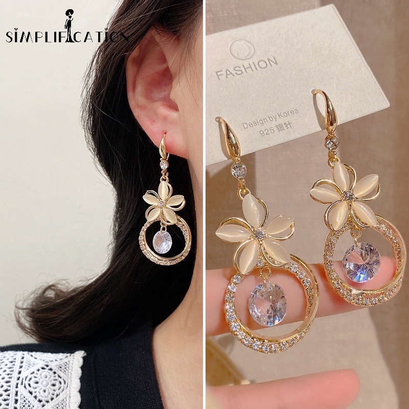 Bông Tai Dáng Dài Hình Tròn Đính Đá Opal Lấp Lánh Thời Trang Cho Nữ