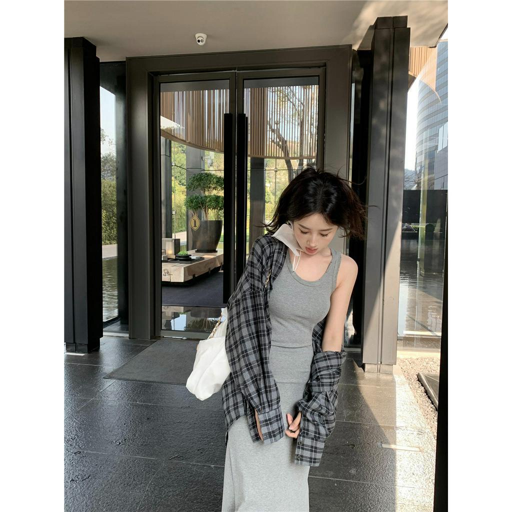 Set Áo Thun Dài Tay Cổ Tròn + Đầm Yếm Ca Rô Dài Tay Cổ Bẻ Thời Trang Nữ