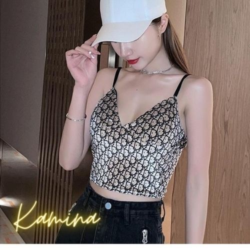 Áo hai dây sexy KAMINA - Áo croptop 2 dây phong cách thời thượng cổ V họa tiết 2021 AD10