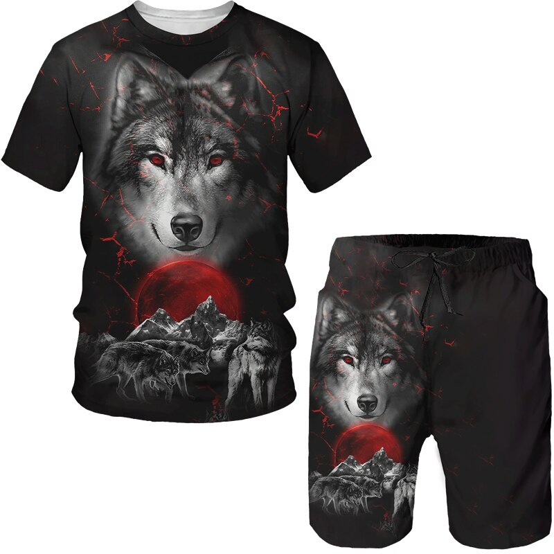 Set Đồ Thể Thao Áo Thun Tay Ngắn Cổ Tròn In Hình Sói 3D + Quần Short Phong Cách Hip Hop Thời Trang Mùa Hè Cho Nam