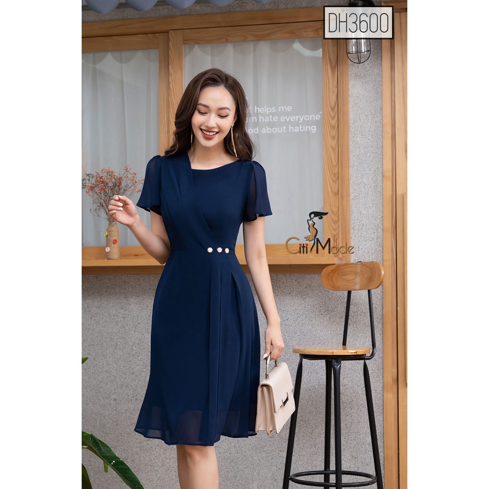 Đầm xòe công sở xanh than CITI MODE cổ lệch phối cúc eo chất Voan cao cấp DH3600
