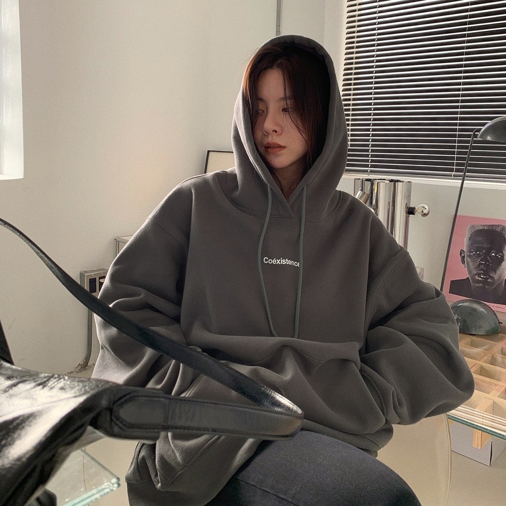 Porozi  Áo hoodie tay dài dáng rộng in chữ phong cách Hàn Quốc cho nữ