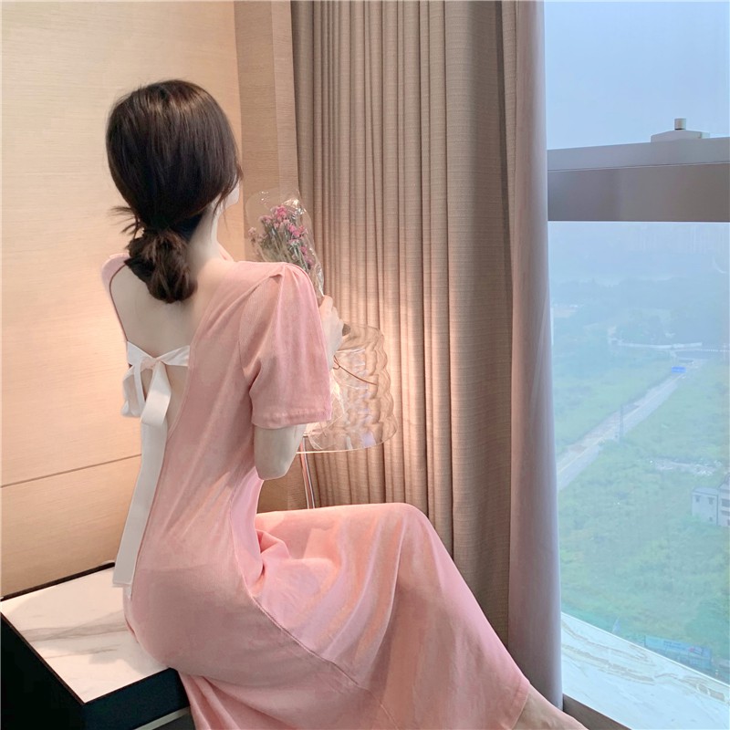 Đầm dài tay ngắn maxi ôm eo tôn dáng quý phái màu hồng hở lưng nơ sau lưng ulzzang