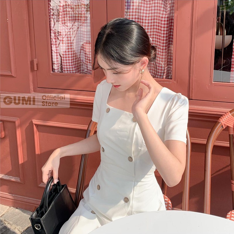 Váy nữ dự tiệc dáng chữ A cổ vuông tay phồng nút gỗ - Đầm dự tiệc Gumi trẻ trung sang trọng GM2073 | BigBuy360 - bigbuy360.vn