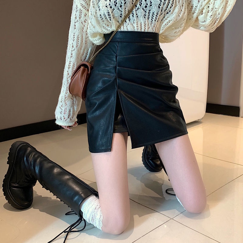 Chân váy chữ A lưng cao bằng da PU xẻ tà thời trang thu đông chất lượng cao