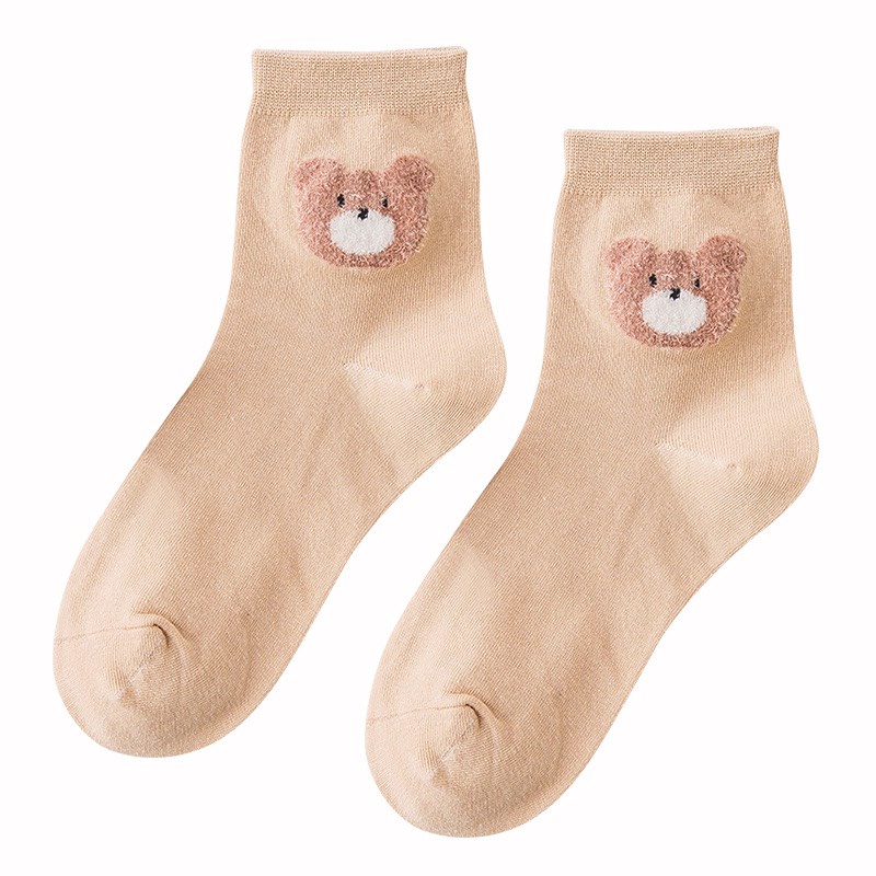 Set 3 đôi tất cổ cao Bivota vớ nữ gấu sắc nâu nhẹ nhàng thanh lịch T89