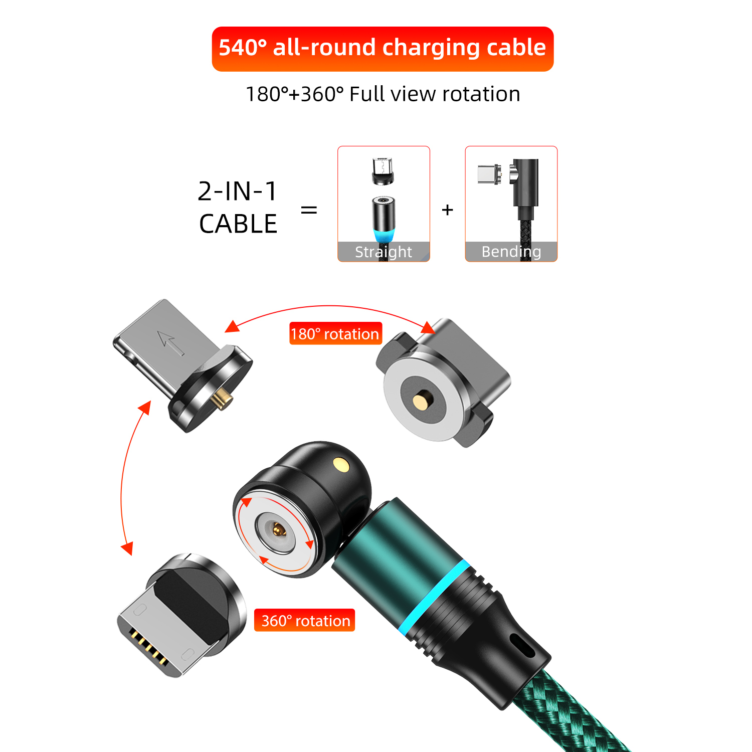 Cáp Sạc Nhanh 540 Độ 2 Trong 1 Cho Iphone / Huawei / Xiaomi / Vivo / Oppo / Samsung