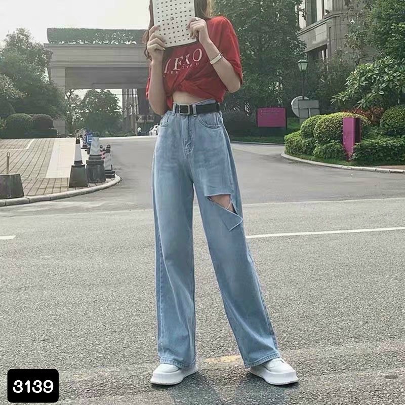 [Mã FAMARAL2 giảm 10K đơn 50K] [Có size đại] Quần jean ống rộng mã 3139 rách đùi nhạt