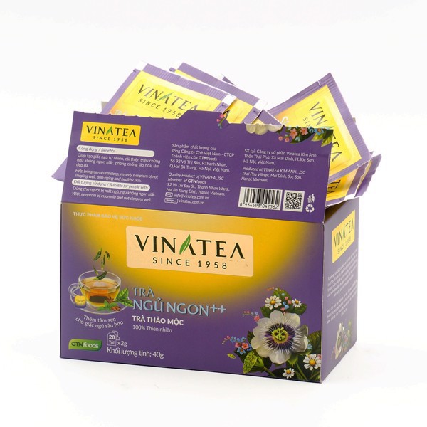 Trà vinatea túi lọc hộp 40g(20 gói) trà ngủ ngon++ chứa hoa cúc, cam thảo lá sen giải độc gan giảm mỡ bụng