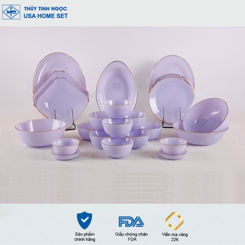 Bộ bát đĩa 26 sản phẩm viền vàng 22K Luxury màu tím thạch anh Thủy Tinh Ngọc USA Home Set cao cấp nhập khẩu chính hãng