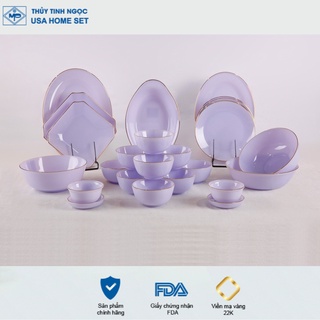 Bộ bát đĩa 26 sản phẩm viền vàng 22K Luxury màu tím thạch anh Thủy Tinh Ngọc USA Home Set cao cấp nhập khẩu chính hãng