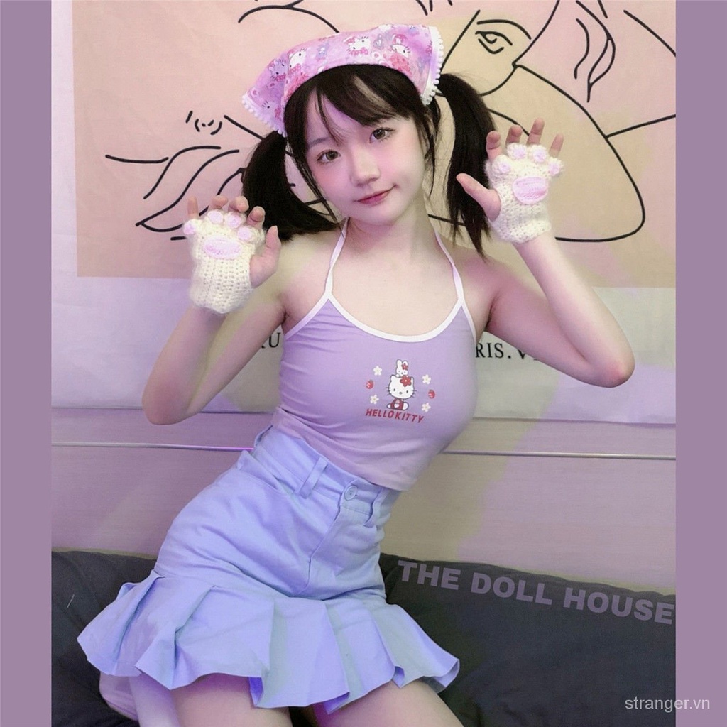 Áo hai dây dáng ôm ngắn in hoạt hình Hello Kitty kiểu Nhật Bản dễ thương cho học sinh