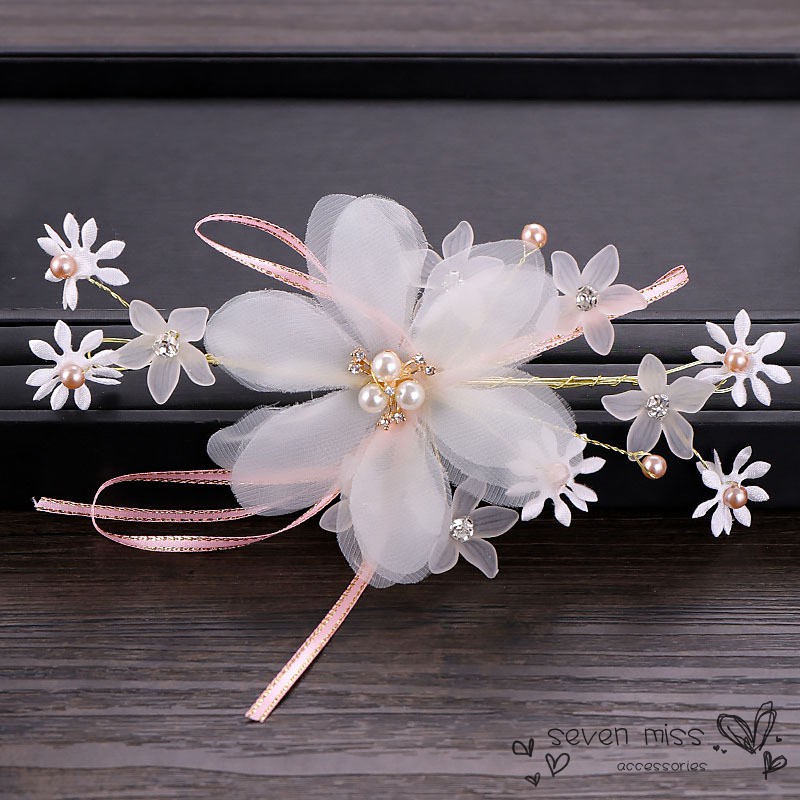 Cài tóc trang trí gắn hoa trắng handmade thanh lịch dành cho cô dâu