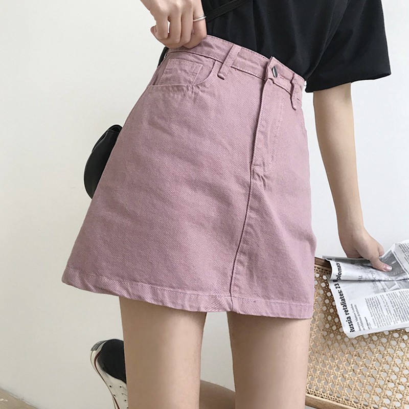 Women's Summer High Waist A-Line Solid Color Wild Slim Denim Skirt