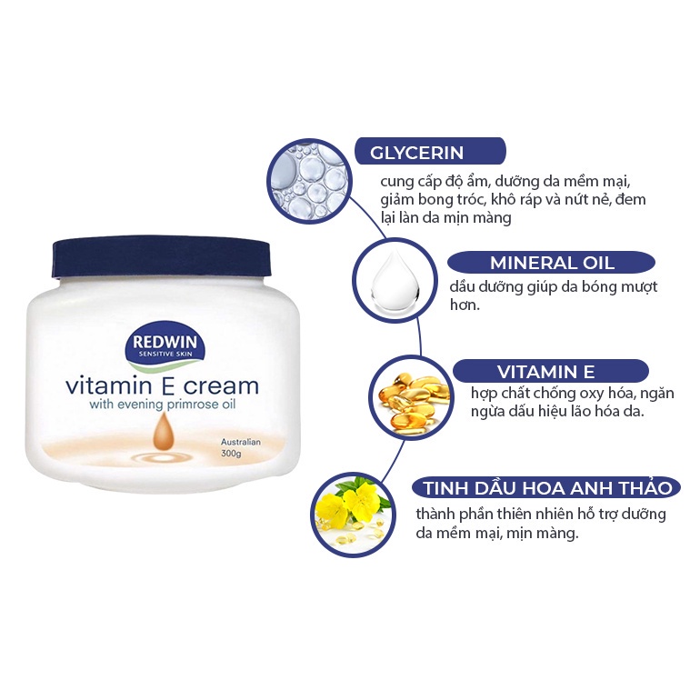 Kem dưỡng da úc chính hãng giúp da mềm mịn sáng bóng hết khô nứt nẻ Redwin Vitamin E Cream 300g Úc chính hãng KD31