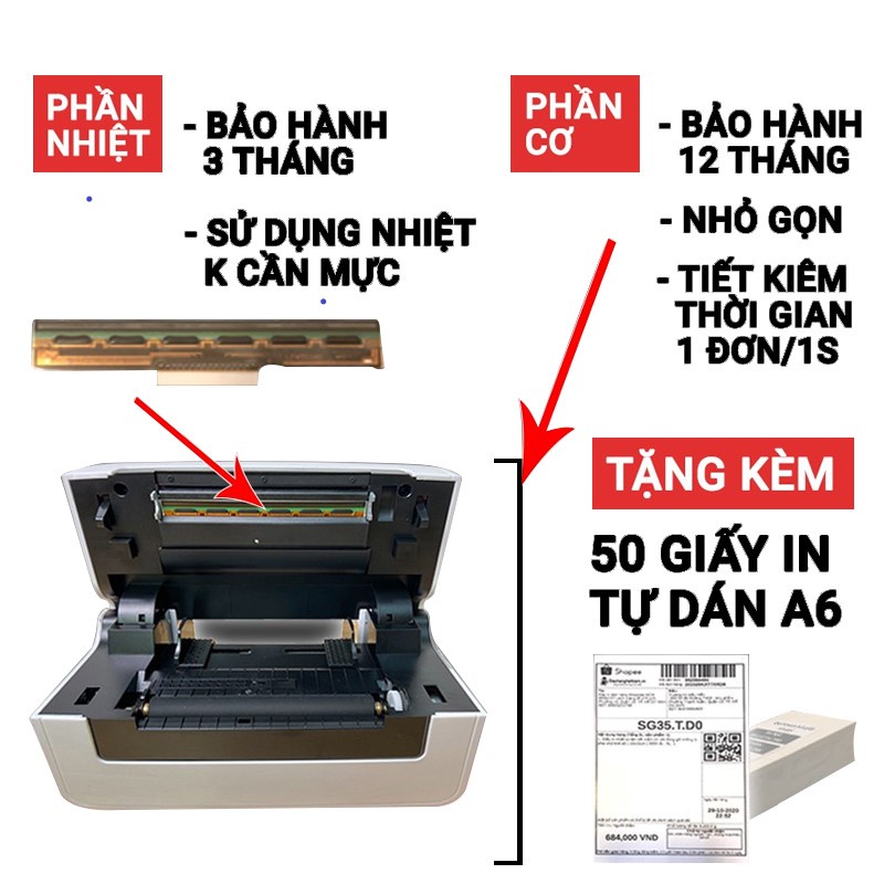 Máy in nhiệt Vinhthuan SP46 in đơn hàng, phiếu gửi, minicode, logo tự dán, máy in đơn hàng chính hãng bảo hành 6 tháng