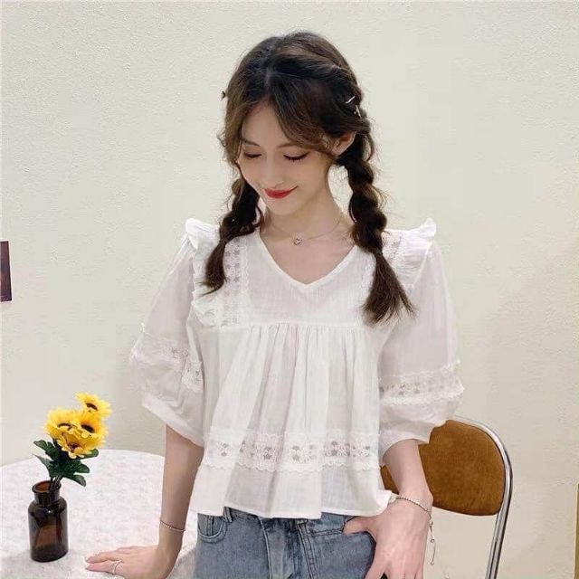 Áo babydoll tiểu thư cổ V tay lỡ