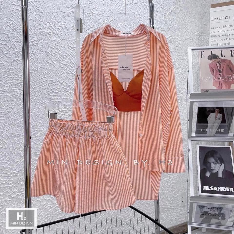 Set 3 món đi biển đũi xốp kẻ thụng áo sơ mi kèm bra mix quần short