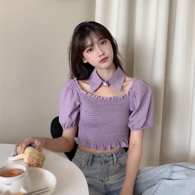 Áo Croptop Trễ Vai Tay Phồng Tặng Kèm Cổ Sơ Mi Hở Vai Ulzzang Trắng / Đen / Tím DRACR24