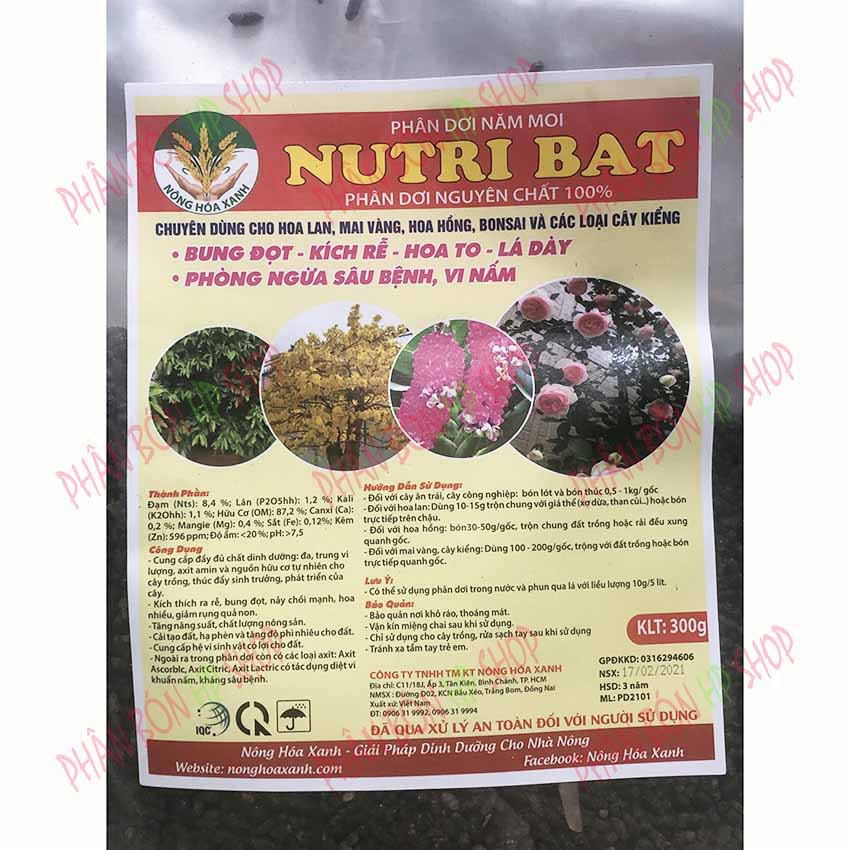 PHÂN DƠI NĂM MOI NGUYÊN CHẤT 100% NUTRI BAT (Túi 300g) - Bung đọt - kích rễ - hoa to - lá dày, Chuyên dùng cho hoa lan.