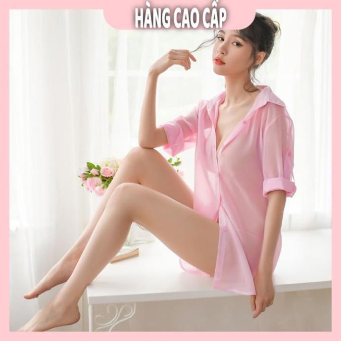 Đầm Ngủ, Áo ngủ sơ mi màu trắng tinh khôi với chất liệu voan cát xuyên thấu quyến rũ LOV