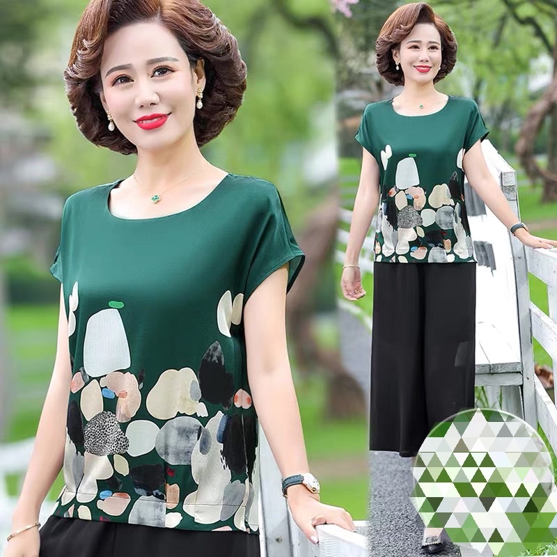 Bộ áo chất liệu vải lụa cao cấp siêu nhẹ mỏng mịn kèm quần đũi ống rộng mát big size quà tặng cho mẹ cô dì chị