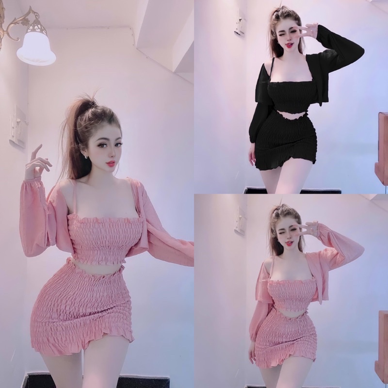 Combo 3: Set áo croptop smoking kèm áo khoác lửng + Chân váy nhún body